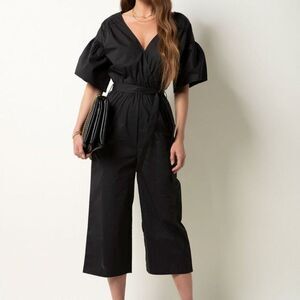 NWT Sanya Wide V Neck Short Puff Sleeve Cropped Jumpsuit, Size S